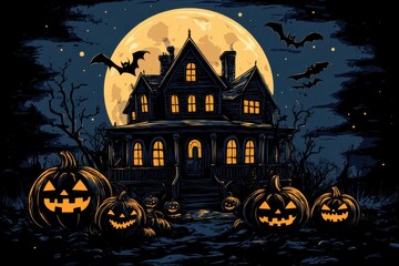 Wall Mural - a cartoon haunted house with pumpkins, a full moon, and bats on a dark background for a Halloween Generative AI