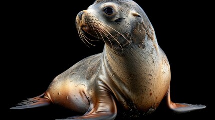 Portrait of a sea lion on a black isolated background