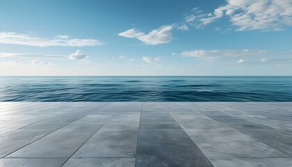 Wall Mural - Serene 3D Render of Empty Concrete Space Overlooking Tranquil Sea and Clear Sky