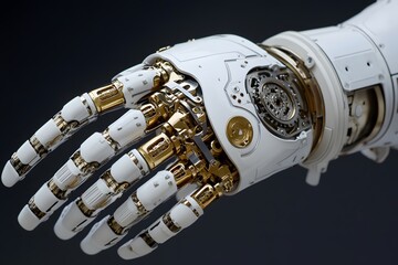 Close-up of a Detailed Robotic Hand with Gold Accents