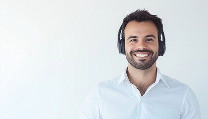 Call center person with confident smile and headphones, light white background