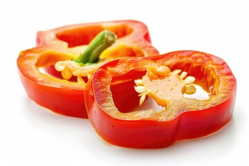 Wall Mural - Two red peppers sliced in half on a white surface