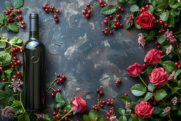 Wall Mural - Wine bottle with red roses background. Valentine's Day celebration concept. Wine tasting and gourmet event. Banner with copy space. Flat lay, top view