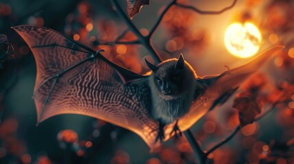 Sticker - A bat hangs from a tree branch under a full moon