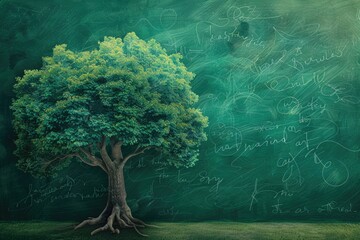 Wall Mural - A tree stands in front of a chalkboard, with blank slate awaiting creative expression