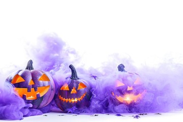 Wall Mural - A group of Halloween pumpkins sit atop a pile of smoke, adding a spooky touch to the scene