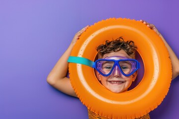 Poster - A young boy wearing goggles and a life preserver for swimming or water activities