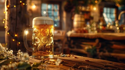 Wall Mural - A glass of beer sits atop a wooden table, perfect for enjoying with friends or at home