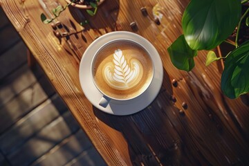 Wall Mural - A cup of coffee sitting on a wooden table