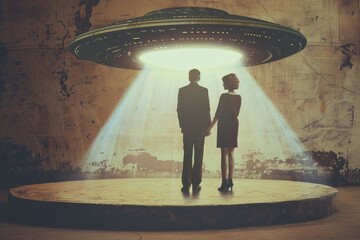 Wall Mural - a man and a woman standing together, gazing up at a spaceship