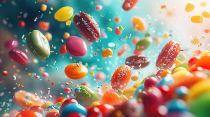 Wall Mural - Colorful jelly beans suspended in mid-air, perfect for food or decoration