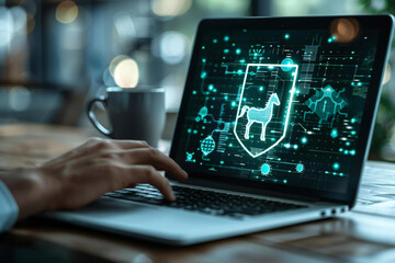 Close-up of a Trojan Horse Icon on a Laptop Infected by a VirusInBackground with a Person's Hand