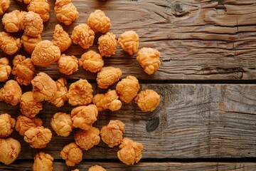 Wall Mural - A plate of crispy fried foods served on a wooden table, perfect for snacking or picnicking