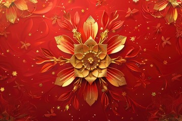 Poster - Golden stars shining on a deep red background surrounded by flowers