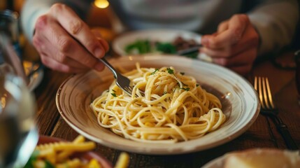 Poster - A plate of pasta served with a fork