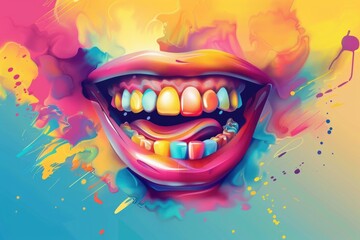 A close-up shot of a person's mouth showing vibrant and colorful teeth