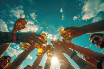 Poster - A group of friends or colleagues clinking their glasses of beer, possibly celebrating an occasion or just enjoying each other's company