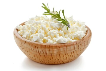 Poster - A wooden bowl filled with cottage cheese and a sprig of rosemary, perfect for a healthy snack or appetizer