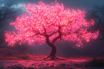 Wall Mural - a tree with branches that are made of glowing neon lights, blending nature with modern technology.