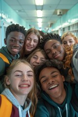 Canvas Print - A group of young friends standing in a row, smiling and laughing together