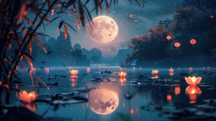 Wall Mural - a serene scene with the full moon rising above a pond covered in water lilies