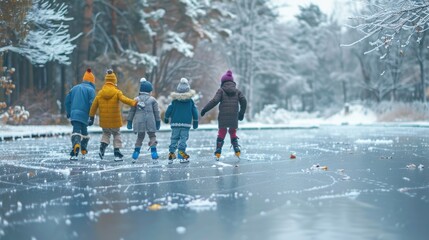 Wall Mural - Group of kids enjoying winter fun on a frozen pond