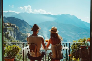 Wall Mural - Two women sit at a table on a balcony with a view