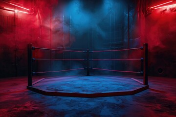 Wall Mural - A professional boxing ring lit by bright red and blue lights, perfect for sports-themed images or events