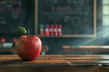 Wall Mural - A single red apple sits on a wooden table, ready for consumption or decoration