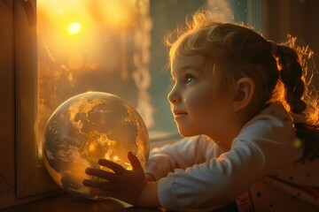 Poster - A young girl looks out of a window, taking in the warmth and light of the sun