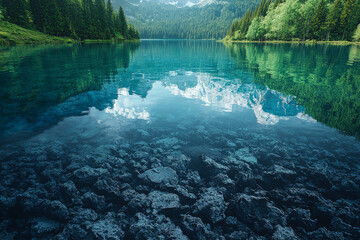 Sticker - A lake on one side filled with crystal clear water, and on the other side, polluted and murky, representing environmental care versus destruction.