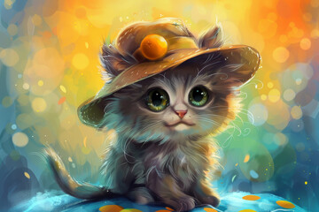 Wall Mural - A cute kitten wearing a hat is sitting on a blue surface