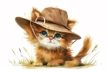 Wall Mural - A cute orange kitten wearing a brown hat