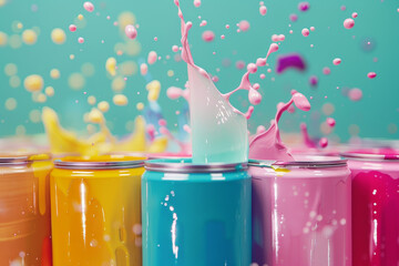 Wall Mural - A row of colorful cans of paint with a splash of color in the middle