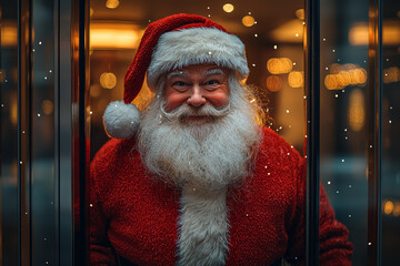 Wall Mural - santa getting stuck in a revolving door while trying to enter a modern office building. concept of t