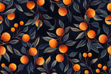 A black and orange background with orange leaves and oranges