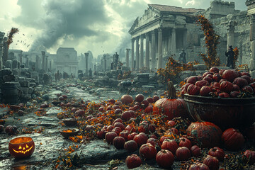 Poster - An ancient Roman celebration of Feralia, honoring the dead with offerings and rituals, influencing later Halloween traditions. Concept of Halloween in ancient Rome.