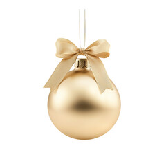 gold Christmas ball with ribbon and a bow, isolated on background. Generative AI