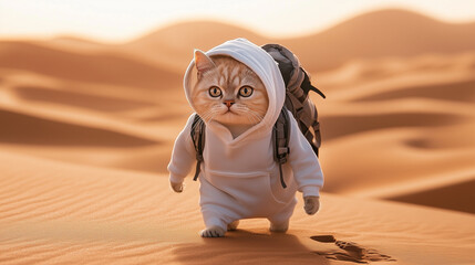 Determined Desert Cat Trekking Across Golden Sand Dunes