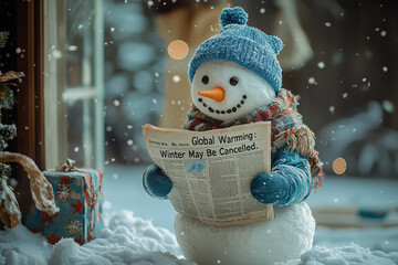 Poster - A snowman reading a newspaper with the headline 