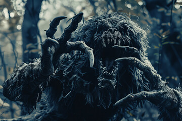 Poster - A monster with long hair and claws is standing in a forest