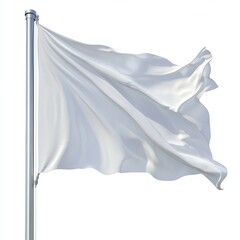 White flag waving gently on a pole, isolated on white background.