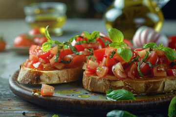 Two slices of bread with tomato and basil on top