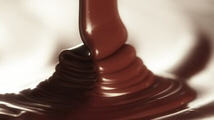 Poster - Super Slow Motion of Pouring Hot Melted Chocolate, Filmed on High Speed Cinema Camera, 1000 fps. Camera in Motion. Extreme Macro Shot.