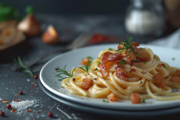 A plate of spaghetti with bacon and herbs on top