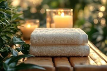 Two white towels and candles on a wooden surface in a spa setting