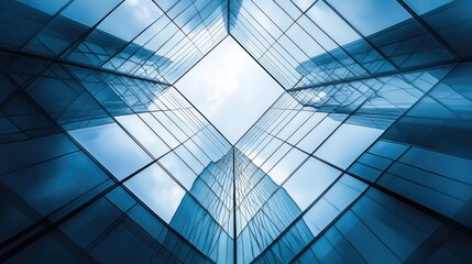 Wall Mural - A low-angle view of a modern glass skyscraper facade with a glimpse of the sky in the center