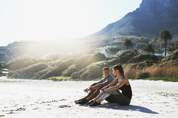 Poster - Happy, sand and couple in nature to relax for bonding, relationship and love outdoors. Beach, dating and man and woman talking on break after exercise, workout and training together on weekend