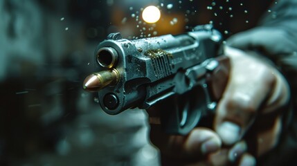 A man's hand with a gun. The gun in the man 's hand is firing