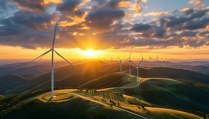 Golden sunset illuminating a large wind turbine over rolling hills with dramatic clouds, highlighting the beauty of renewable energy in a picturesque landscape.